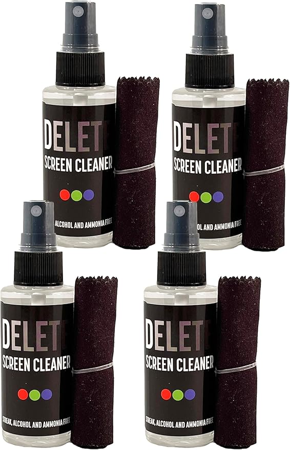 Delete Screen Cleaner Spray Kit, 4 Pack, 2oz Bottle and 12"x12" Microfiber by DELETE