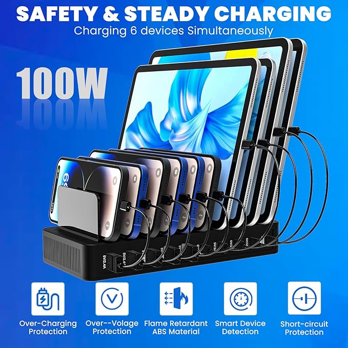 Charging Station for Multiple Devices, 100W 10 Ports Flat Plug Charging Dock - Image 2