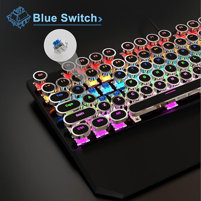 MageGee Typewriter Mechanical Gaming Keyboard, Retro Black Punk Round Keycaps - Image 5