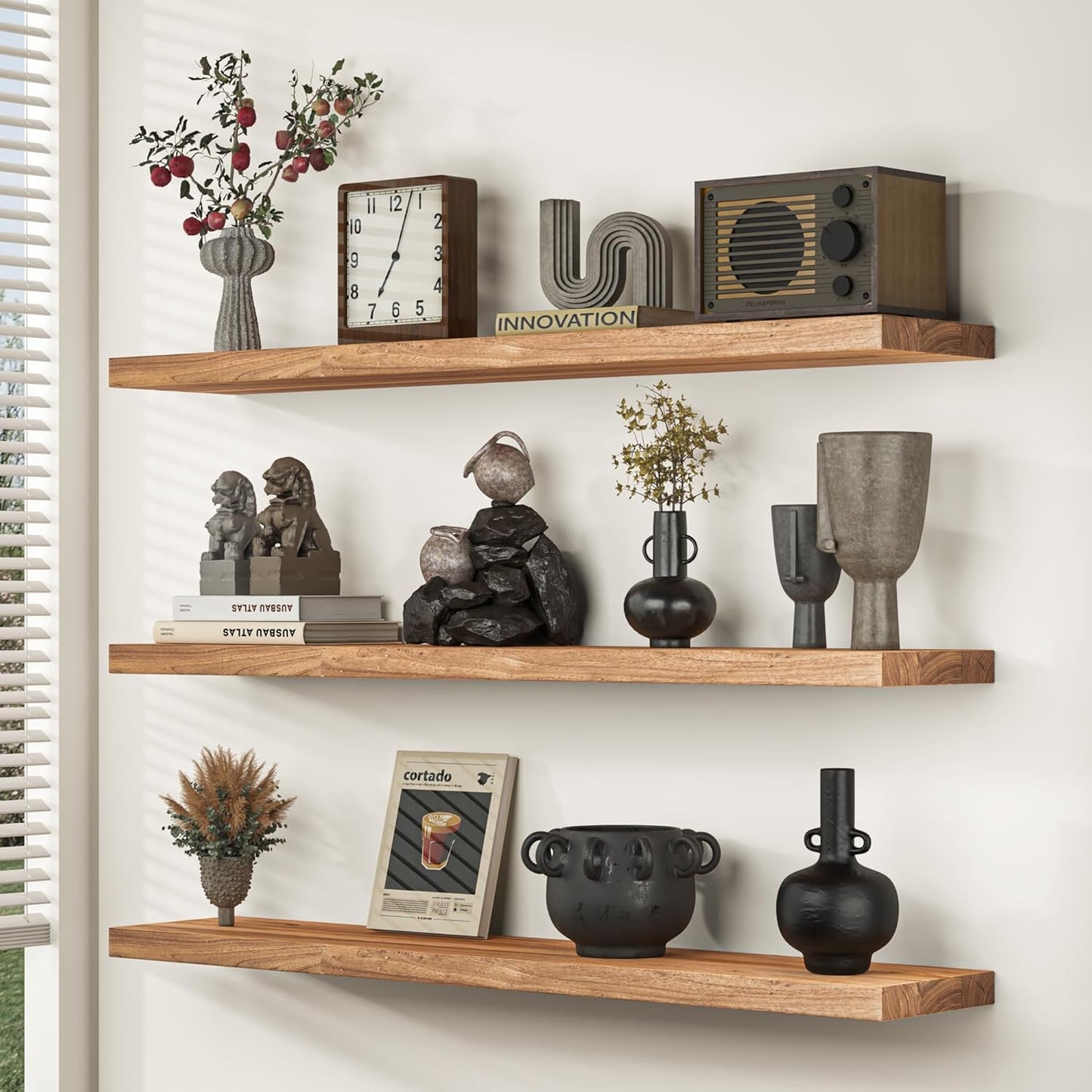 Floating Shelves for Wall, 42" Flat Edge Solid Elm Wood Floating Shelf, Wall-Mounted Display Shelves with Invisible Heavy-Duty Metal Bracket, Floating Shelf for Living Room Kitchen, Natural