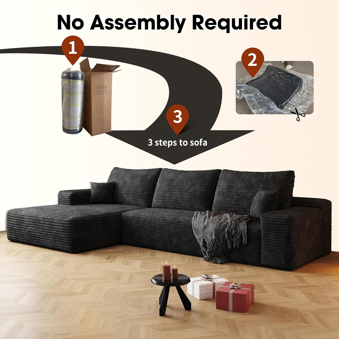 108" Sectional Couches for Living Room Modern Modular Sofa with L-Shape Couchs Upholstered Boneless Couch Deep Seat Sectional Couch with Chaise (Black, Left Facing Chaise+2Seaters)