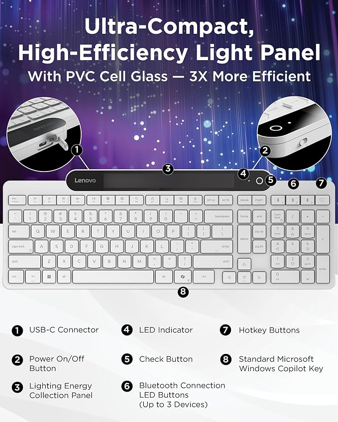 Lenovo 800 Self-Charging Bluetooth Keyboard, Uses Ambient Light - Image 5