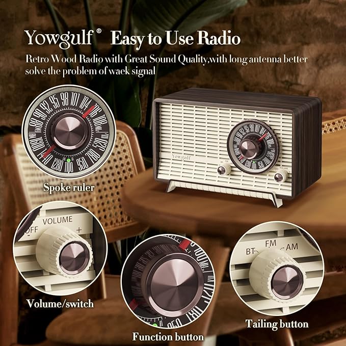 YOWGULF AM FM Radio Classic Retro Wood Table Radio Bluetooth Speakers Radios - Image 3