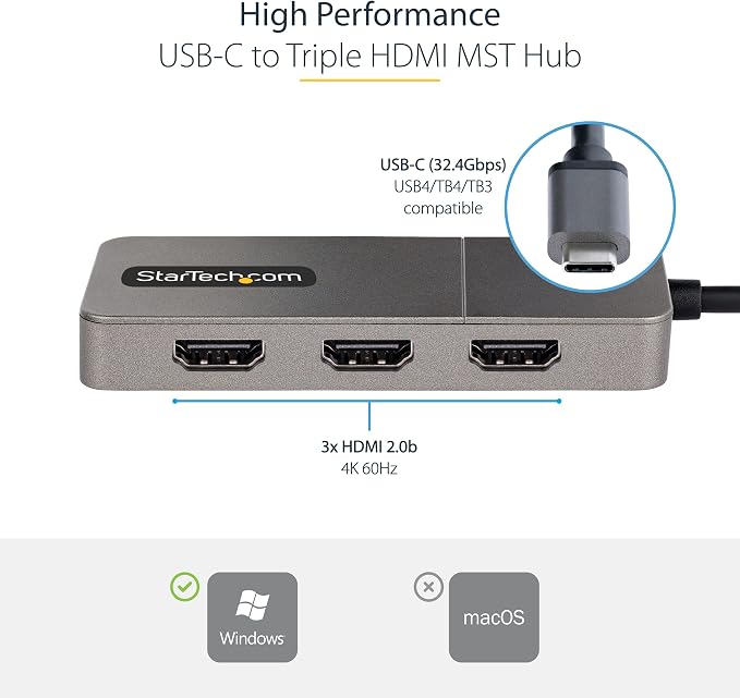 StarTech.com 3-Port USB-C Multi-Monitor Adapter, USB Type-C to 3x HDMI MST Hub - Image 3