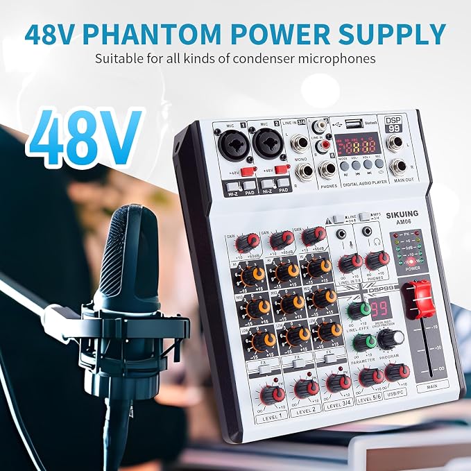 6 Channel Audio Mixer Professional Sound Board Console w/99 DSP Effects 48V - Image 3