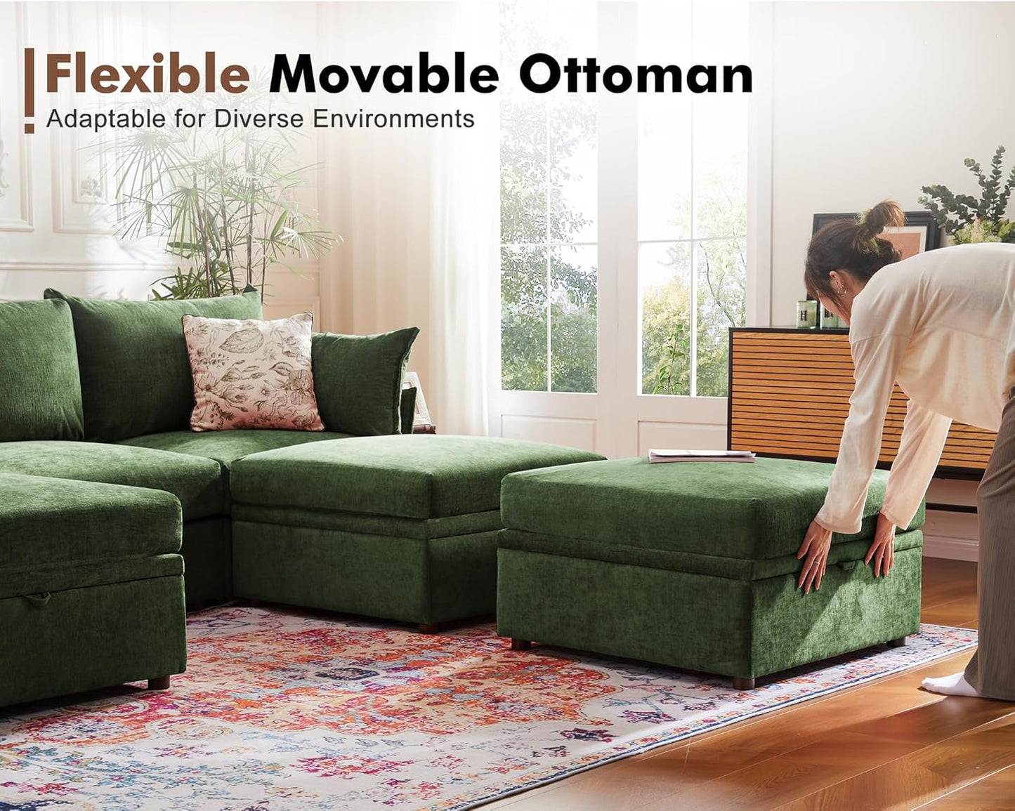 134.6" Luxury Modular Sectional Convertible Sofa with Storage Ottoman, L-Shape 5-Seat Oversized Comfy Couch Deep Seat with Reversible Chaise - Chenille Green
