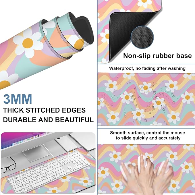 Large Mouse Pad Floral and Wavy Gaming Desk Pad Computer Keyboard Non-Slip - Image 2