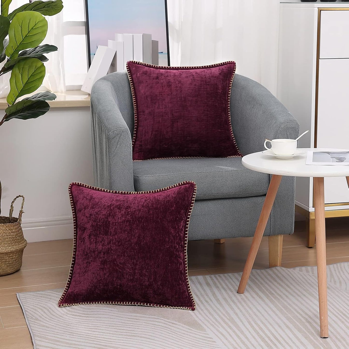 decorUhome Chenille Soft Throw Pillow Covers 22x22 Set of 2, Farmhouse Velvet Neutral Decorative Euro Pillow Covers with Stitched Edge for Couch Sofa Bed Home Decor, Rhododendron