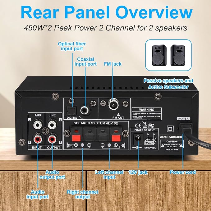 Romica Stereo Audio Amplifier, 2 Channel 450W x2 Bluetooth 5.0 Home Theater - Image 3