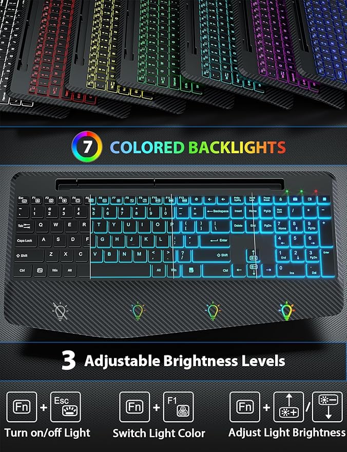 Wireless Keyboard and Mouse Backlits, Wrist Rest, LED Mouse, Rechargeable - Image 2