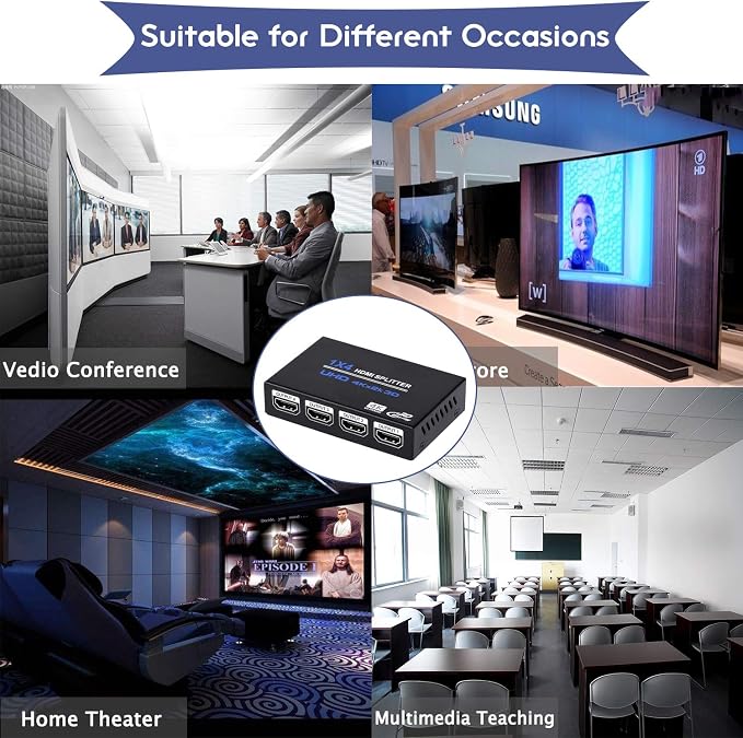 1x4 HDMI Splitter, 1 in 4 Out HDMI Splitter Audio Video Distributor Box Support - Image 8