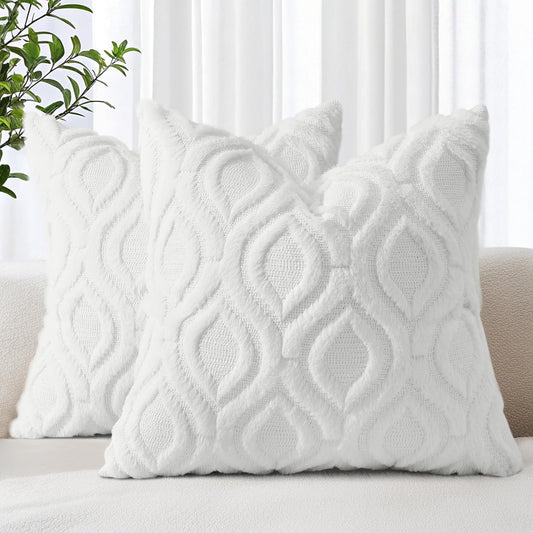 decorUhome Throw Pillow Covers 18x18 Inch Set of 2, Soft Plush Decorative Faux Fur Cream Beige Solid Couch Pillow Covers, Accent Farmhouse Neutral Square Euro Pillow Cases for Sofa Bed Living Room
