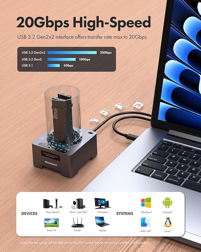 GRAUGEAR NVMe M.2 SSD Duplicator Dual-Bay Offline Clone Tool-Free, 20Gbps USB C - Image 4