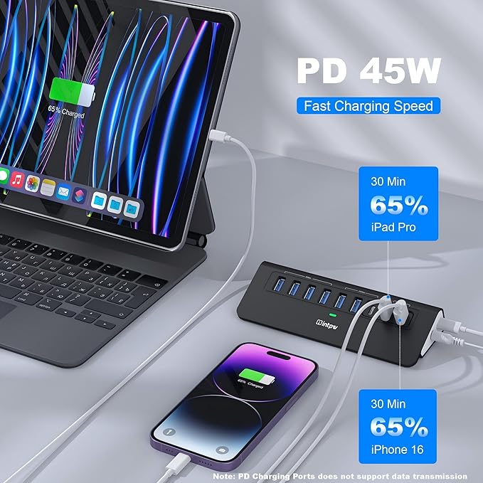 Powered USB Hub 10Gbps, intpw YH6AC 9-Port USB HUB - Image 5