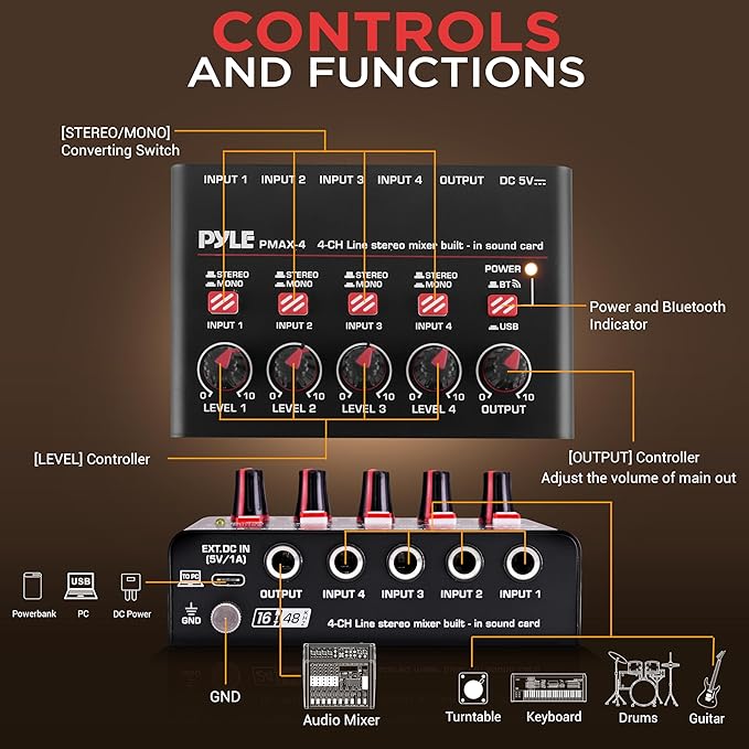 Pyle 4-Channel Wireless Bluetooth 5.0 Line Mixer - Image 3
