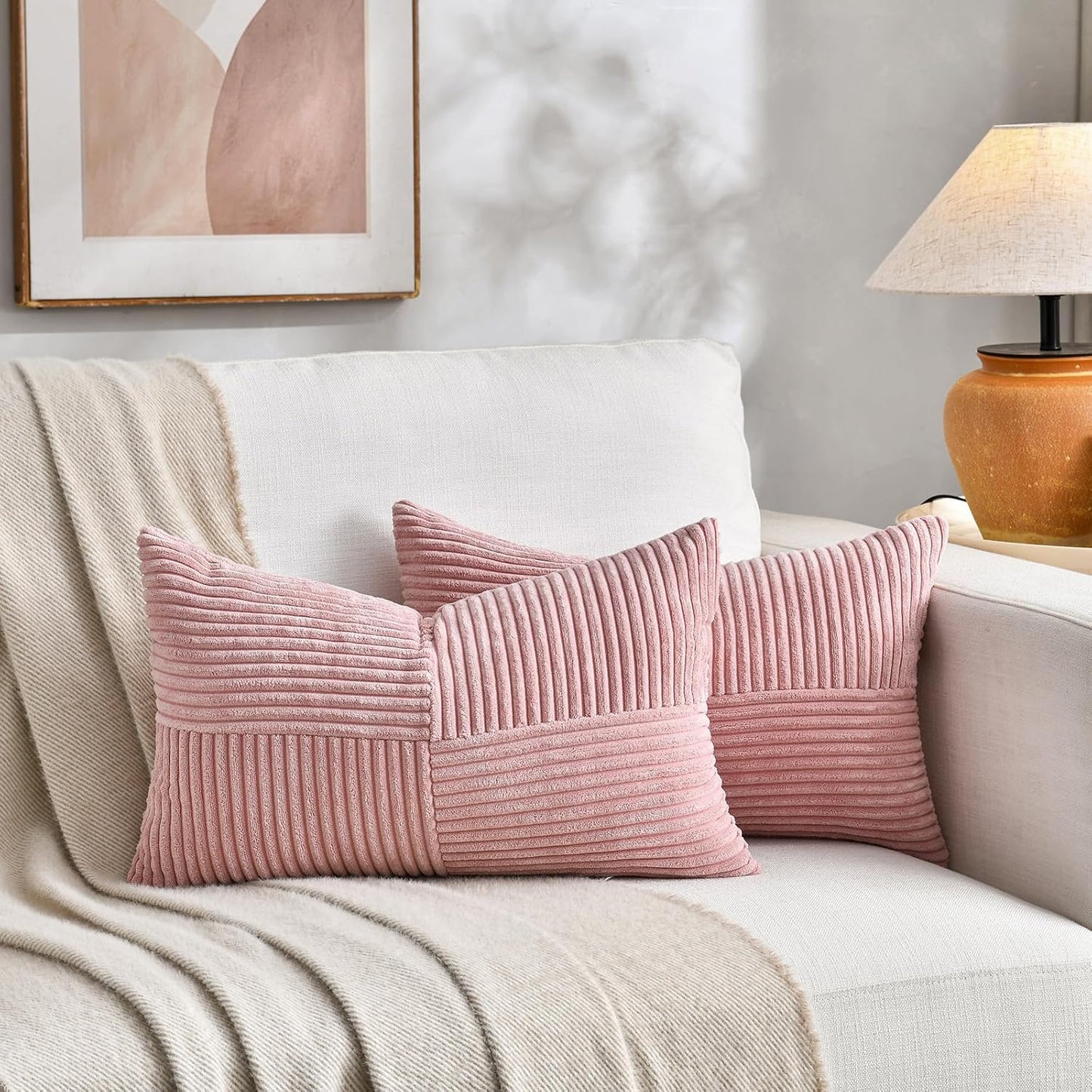 Fancy Homi 2 Packs Blush Pink Lumbar Decorative Throw Pillow Covers 14x24 Inch for Couch Bed, Rustic Farmhouse Boho Home Decor, Soft Striped Corduroy Rectangle Accent Cushion Case 35x60 cm