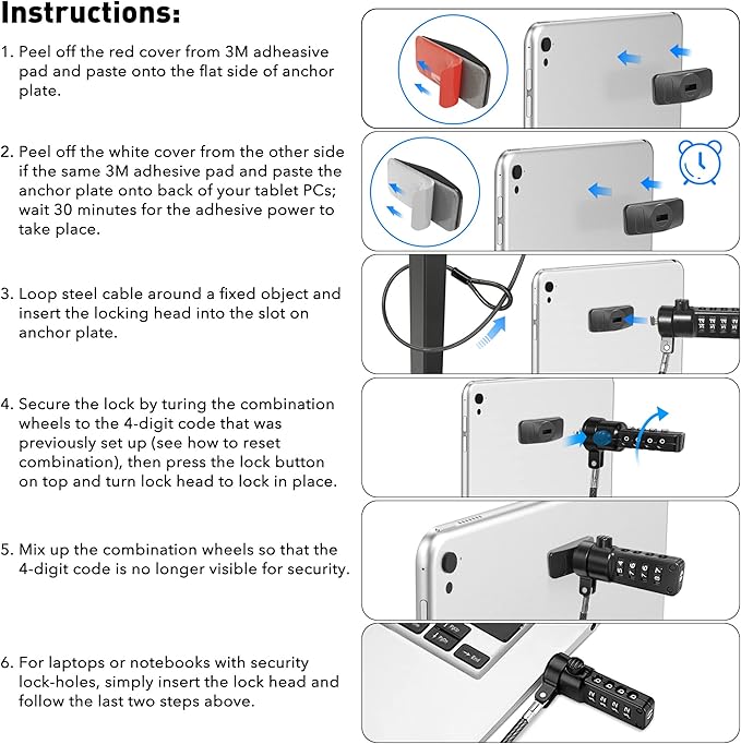 AboveTEK iPad Lock Security Cable w/Adhesive Plates, 6Ft Keyless 4 Digit - Image 8