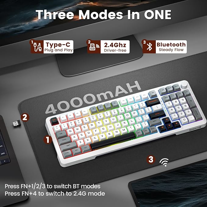 Redragon Wireless Mechanical Keyboard, 3 Mode Gasket Mounted RGB Gaming Keyboard - Image 5