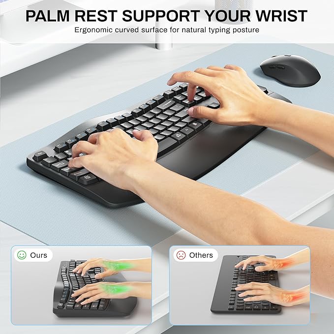 Wireless Keyboard and Mouse Combo, 2.4G Full Size Wave Keys Ergonomic Keyboard - Image 4