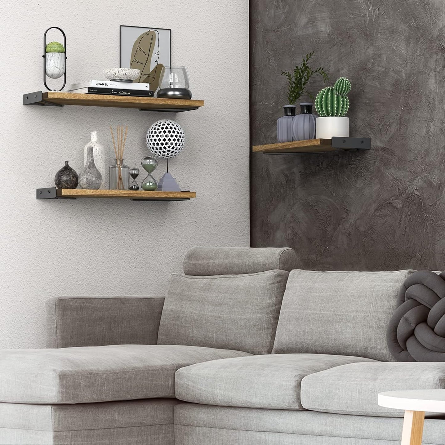 BAYKA Wall Shelves for Bedroom Decor, Floating Wall Shelves for Living Room Kitchen Storage, Wall Mounted Rustic Wood Floating Shelves for Kids Books, Corner Shelves for Bathroom(Brown，Set of 3)