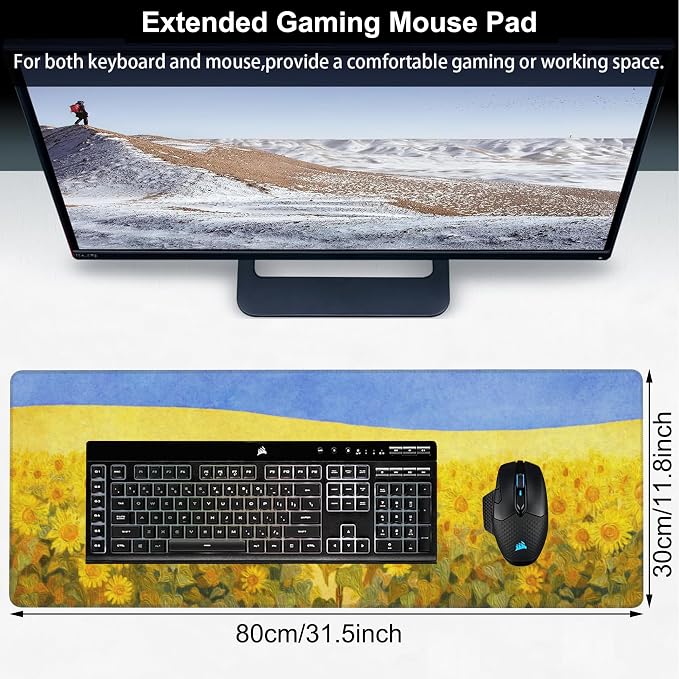 Field of Sunflowers Desk Mat, Large Sunflower Oil Painting Gaming Keyboard - Image 2
