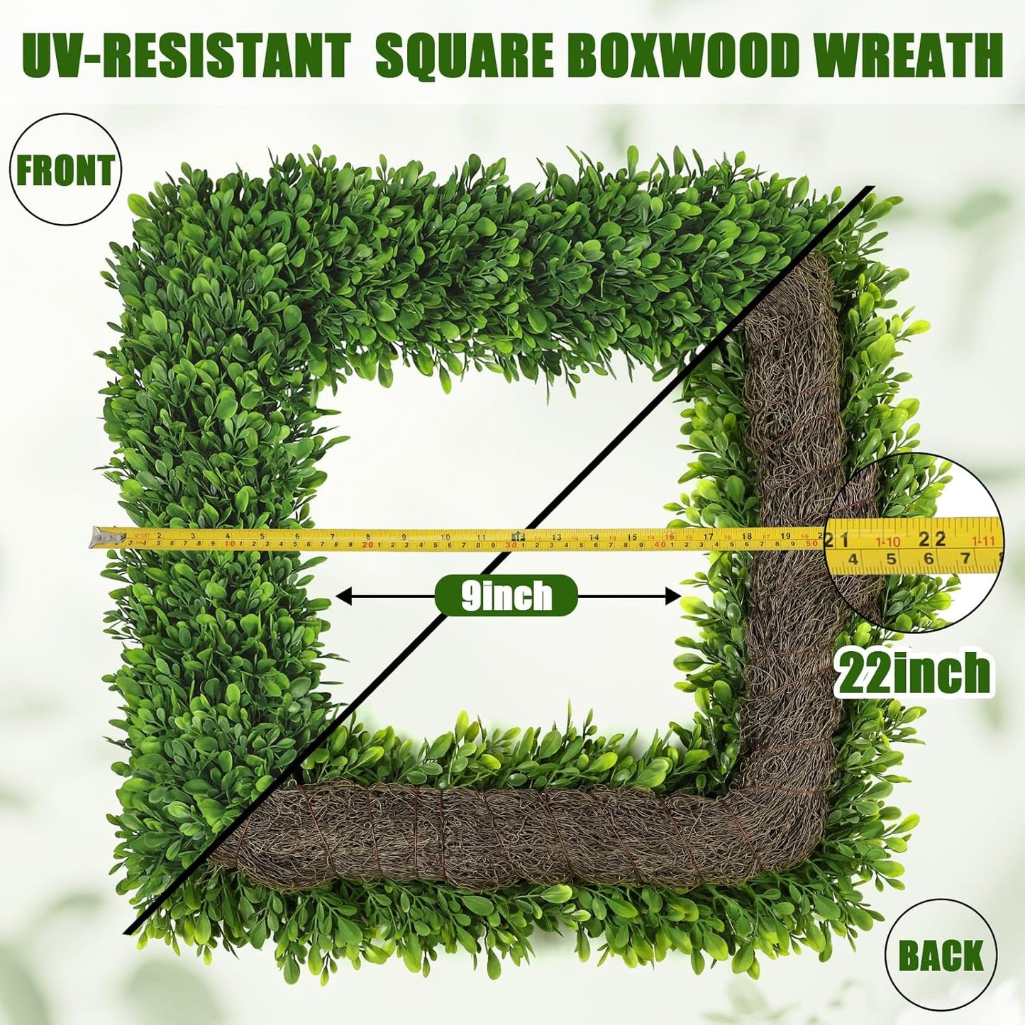 Artgar 22Inch Boxwood Wreath, Spring Wreaths for Front Door, Realistic Green Square Boxwood Wreath for Year-Round Decor, Artificial Summer Wreaths for Wedding Farmhouse Indoor/Outdoor Porch Decor