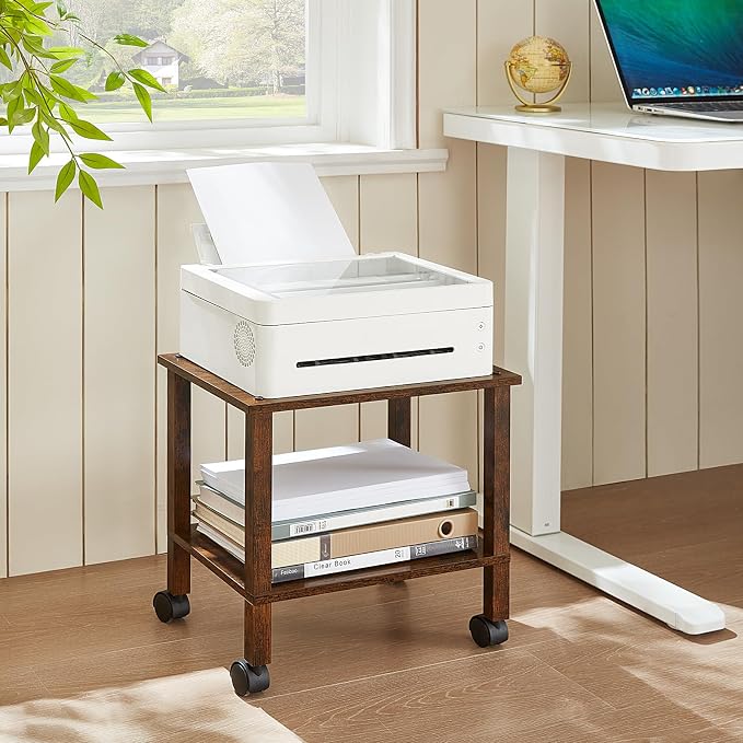 2 Tier Printer Stand with Storage, Under Desk Shelf Printer Table, Rolling - Image 2