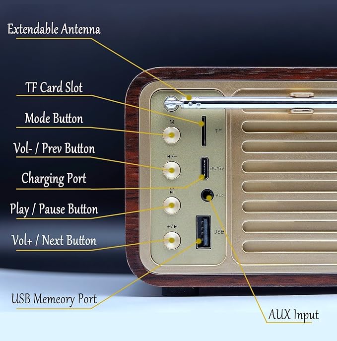 FM Radio with Bluetooth Retro Bluetooth Speaker Vintage Radio with SD/USB - Image 3