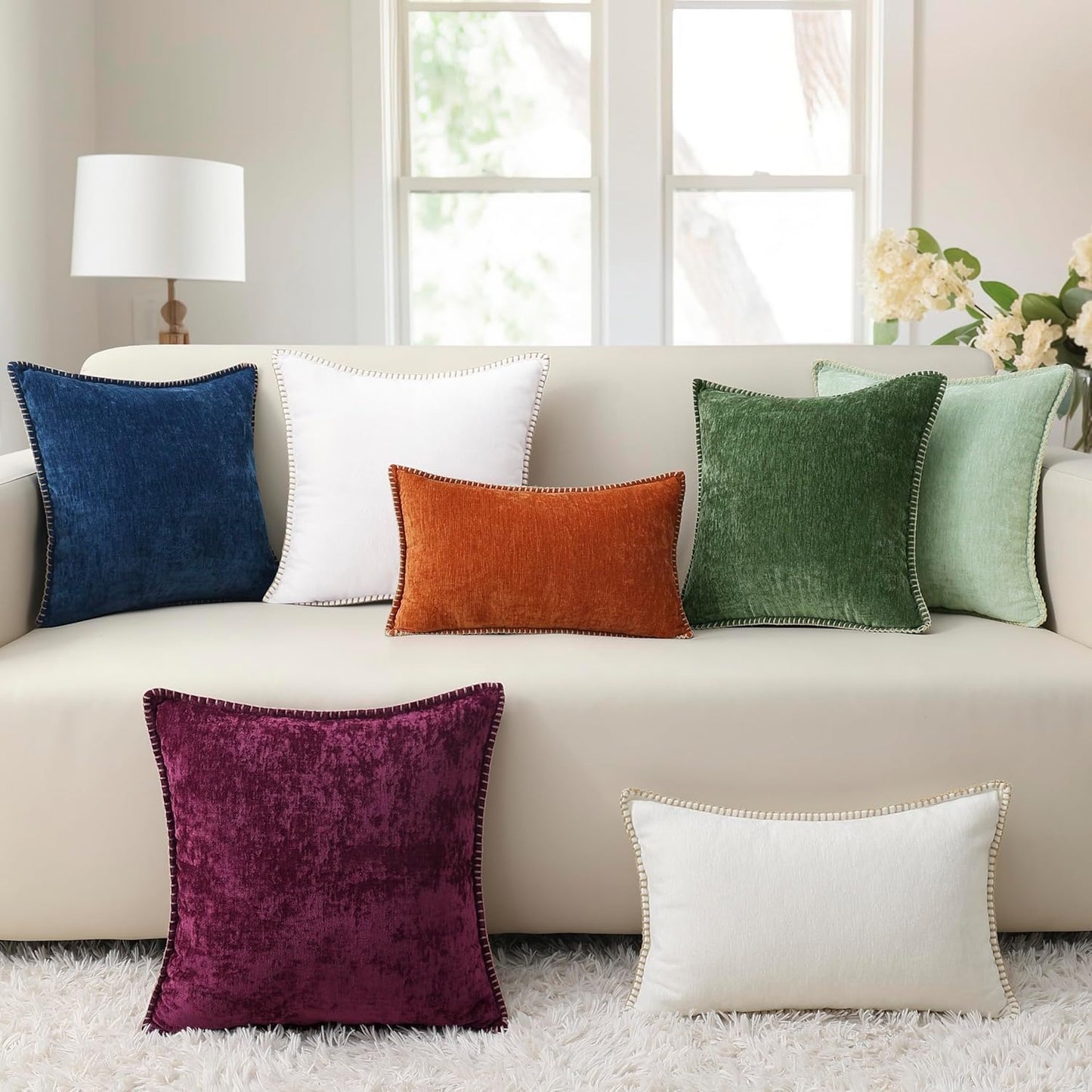 decorUhome Chenille Soft Throw Pillow Covers 22x22 Set of 2, Farmhouse Velvet Neutral Decorative Euro Pillow Covers with Stitched Edge for Couch Sofa Bed Home Decor, Rhododendron