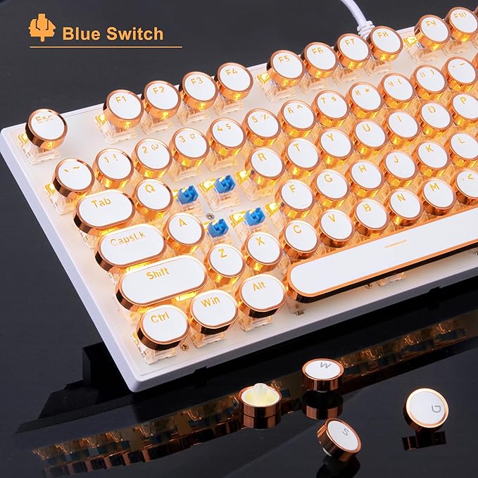 MageGee Typewriter Mechanical Gaming Keyboard, Retro Gold Punk Round Keycaps - Image 2
