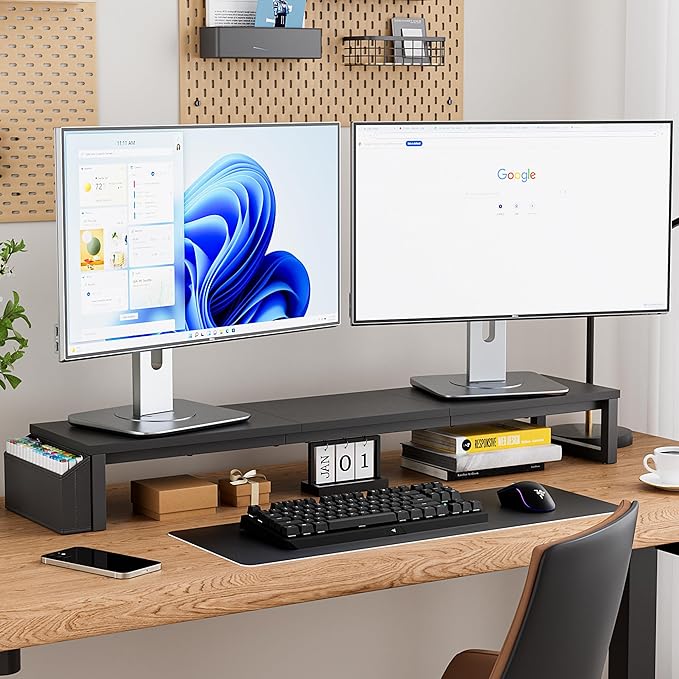 Dual Monitor Stand Riser, 41.5'' Extra Long Wood Monitor Stand Desktop Organizer - Image 2