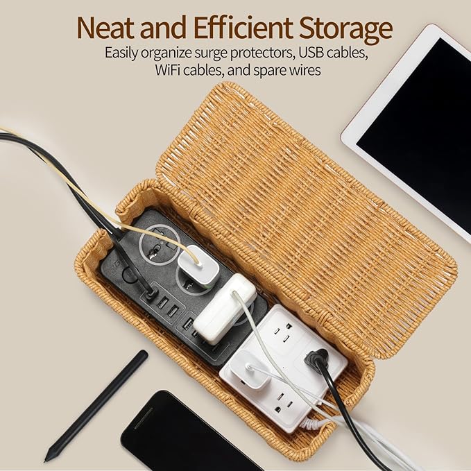 Delamu Handmade Rattan Cable Management Box, Cord Organizer - Image 4