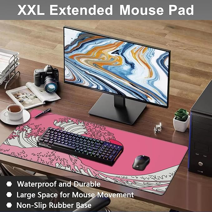Mouse Pad, Large Great Wave in Vaporwave Pop Art Desk Mat, Extended Non-Slip - Image 6