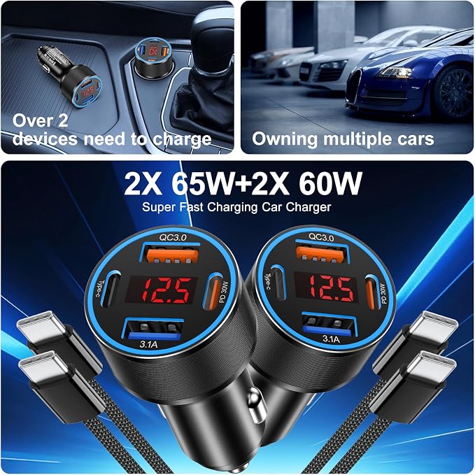 65W iPhone Car Charger Fast Charging, Dual USB-C & USB-A Cigarette Lighter - Image 7