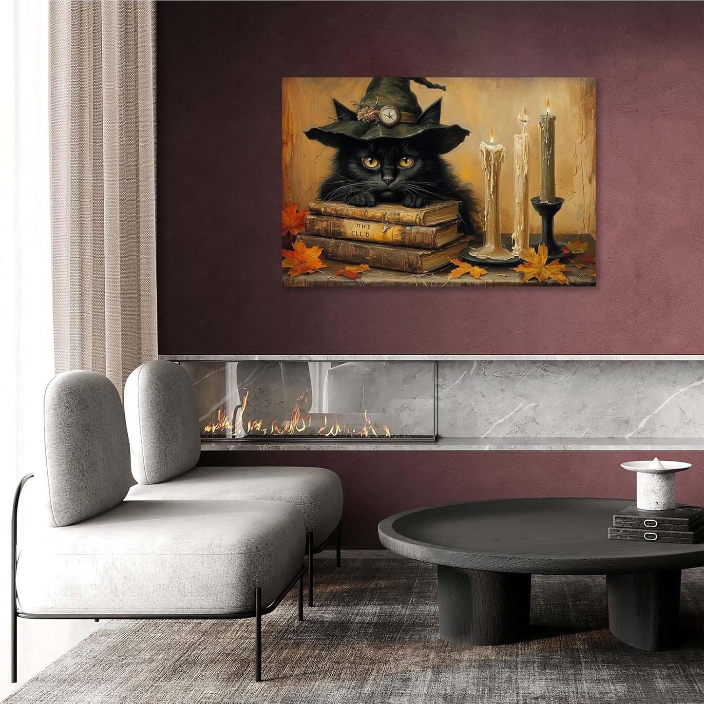 JFHCQJPK Vintage Halloween wall decoration black cat and magic book suitable for home bedroom living room decoration dark classic art witch wall decoration32x48in Frameless