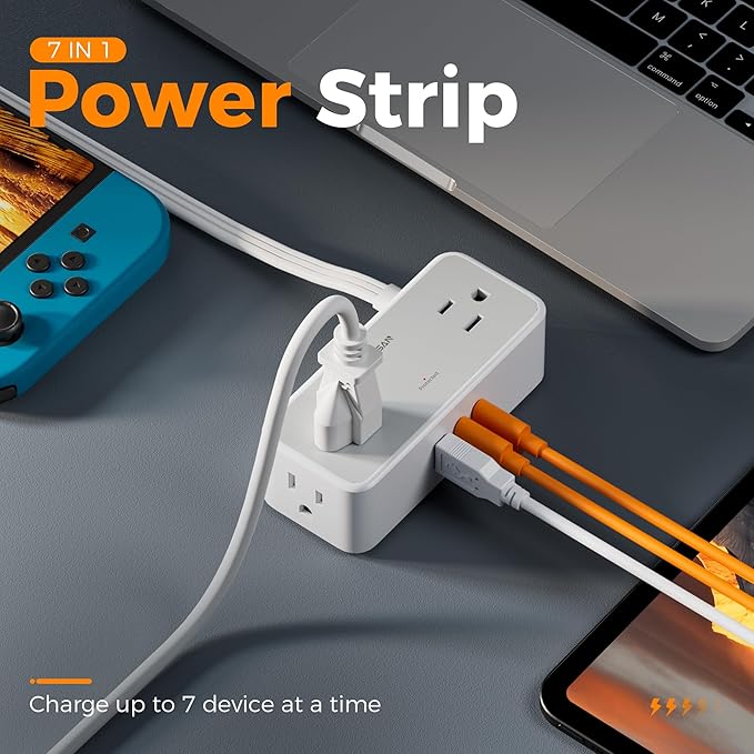 Flat Plug Extension Cord 5 FT, TESSAN Surge Protector Power Strip - Image 2