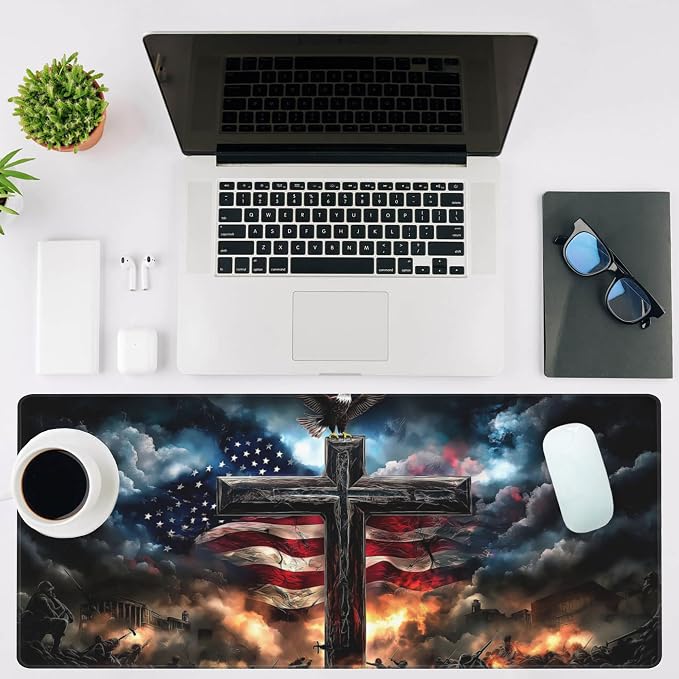 Mouse Pad Large A Cross with an Eagle Non-Slip Game Desk Mat with Stitched Edge - Image 2