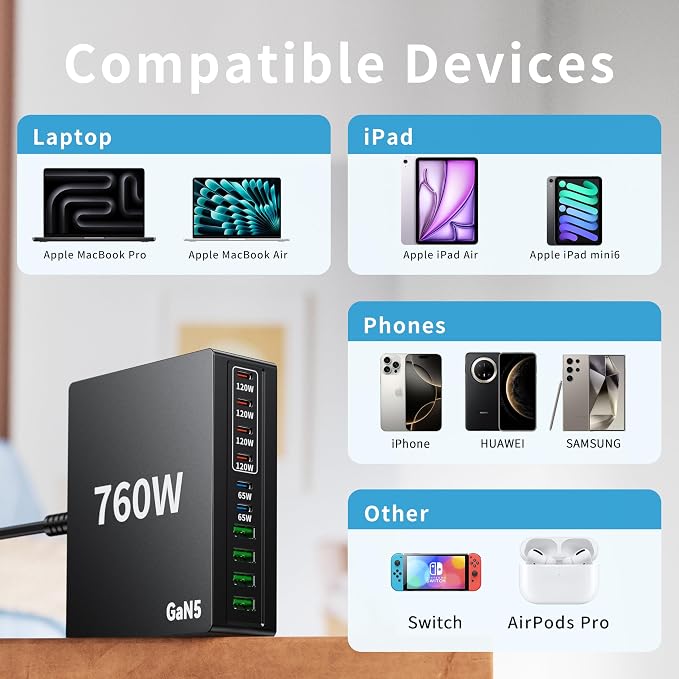 760W USB C Charger Block, 10 Port Fast Charging Station Hub Brick PD 100W Gan - Image 4