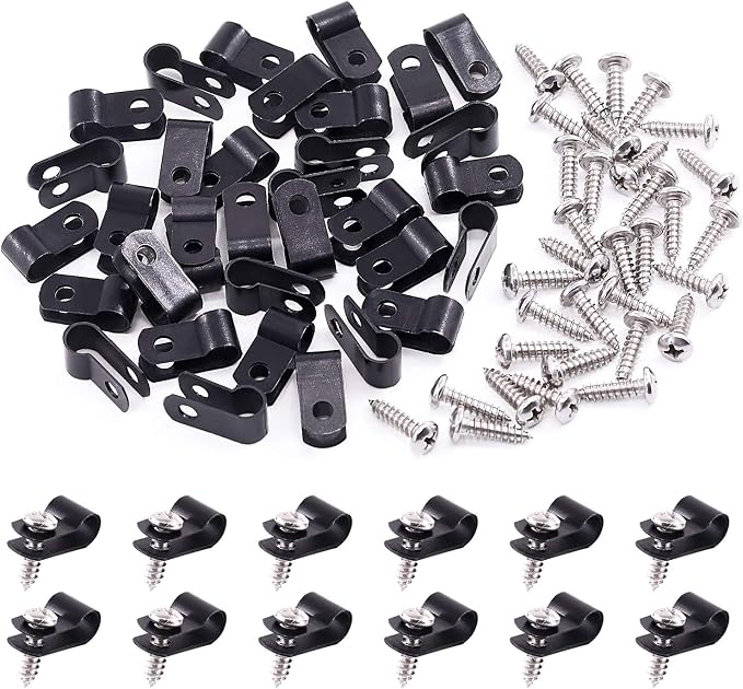 Swpeet 120 Pack Black 1/4 Inch Nylon Plastic R-Type Cable Clips Clamp Kit by Swpeet