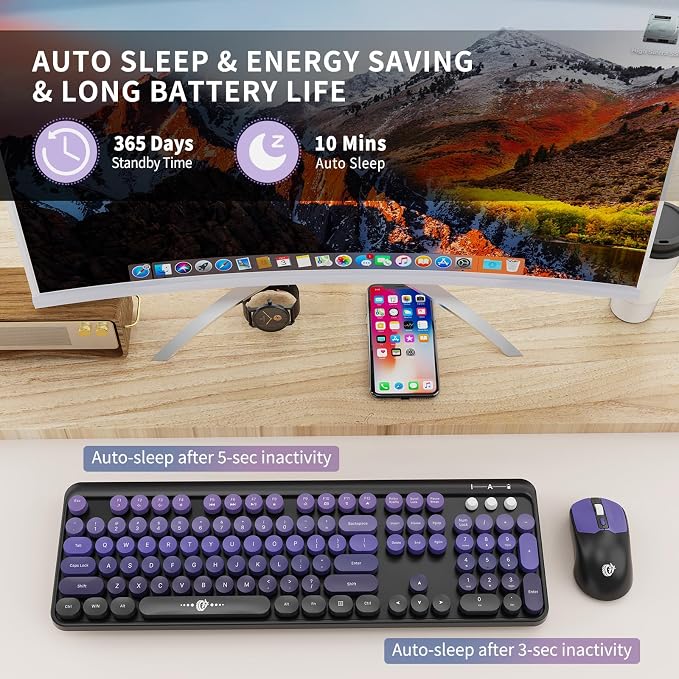 Wireless Keyboard and Mouse Combo, 104 Round Keys Cute Colorful Keyboard and - Image 5
