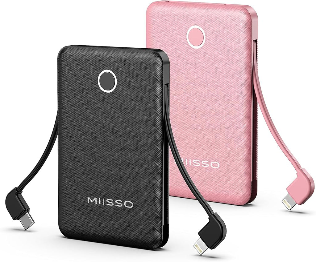 2-Pack 6000mah Ultra Slim Built in Cables Power Bank, Card Size Built in USB C by MIISSO