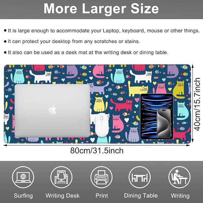 Mouse Pad, Large Cartoon Cats and Fish Desk Mat, Extended Non-Slip Gaming - Image 2