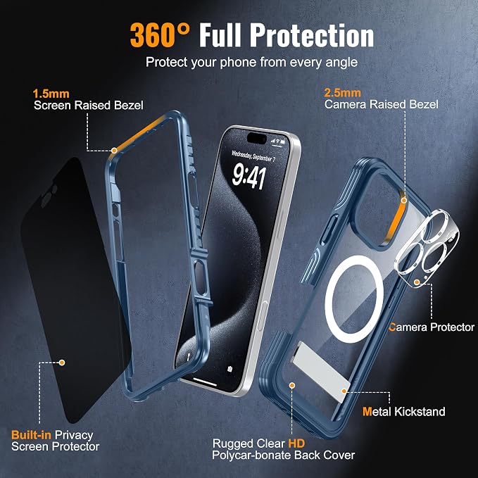 360° Protection Magnetic for iPhone 16 Case Built-in 9H Privacy Screen - Image 6