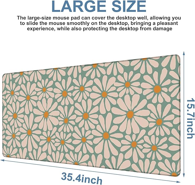 Retro Daisy Flowers Gaming Mouse Pad 3mm Thick Stitched Edge Waterproof - Image 3