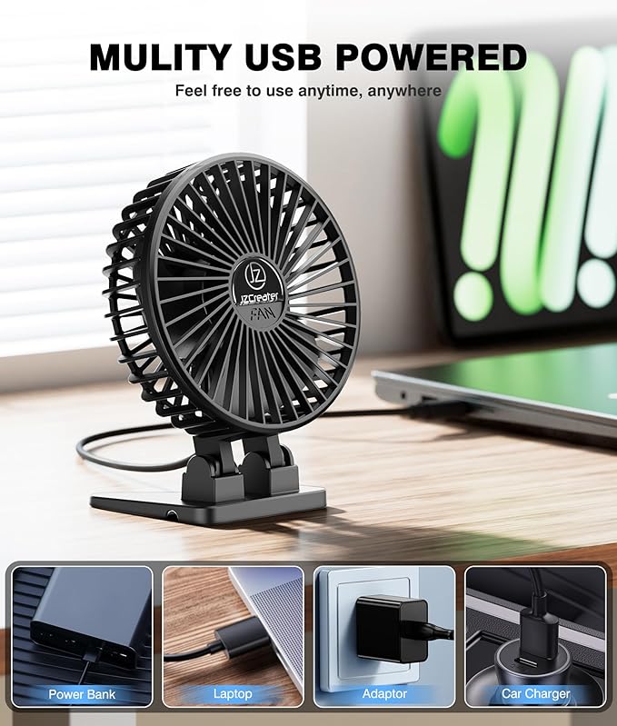 JZCreater USB Desk Fan, Mini Portable, 3 Speeds Desktop Table Cooling, Plug in - Image 5