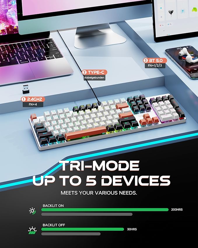 Redragon Wireless Mechanical Gaming Keyboard, Tri Mode BT/2.4G/USB-C Hot - Image 2