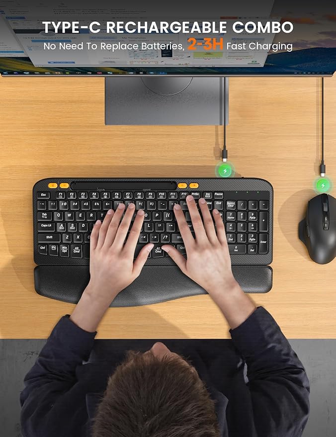 Wireless Keyboard and Mouse Combo, Ergonomic Wave Keys, Cushioned Plam Rest - Image 4