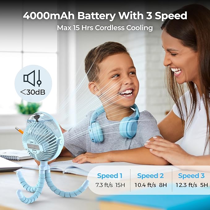 Misting Baby Stroller Fan, 4000mAh Rechargeable Battery Operated, 270°Pivoting - Image 3