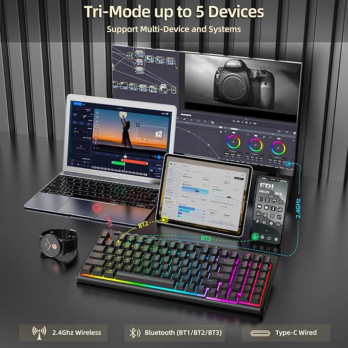 Redragon K517 Pro Wireless Gaming Keyboard, RGB Backlit, Tri-Mode - Image 3