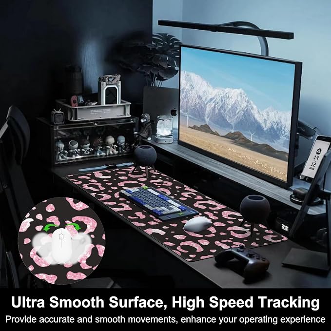 Mouse Pad, Large Rose Pink Leopard Printings Desk Mat, Extended Non-Slip Gaming - Image 5